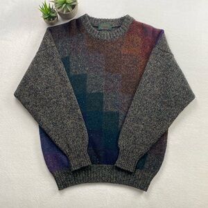 Scott Officer Vintage Knit Speckled Colorblock Checker Crewneck Grandpa Sweater